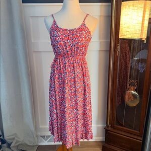 J. Crew Vibrant Red and Blue Floral Midi Dress